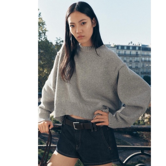 NWT Zara Pleated Sleeve Knit Sweater Pullover Wool Blend in Gray 3920/180 - Picture 3 of 15